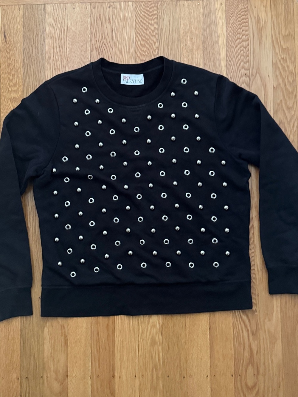 RED Valentino Black Crewneck Sweater with Silver Eyelet Details